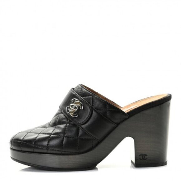 Chanel Black Clog Quilted Mule Leather Turn Lock Size 37.5 - Picture 1 of 14